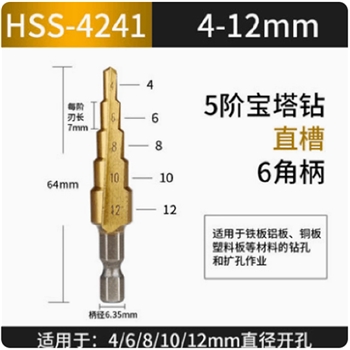 4241直槽（4-12）5阶宝塔钻头钻孔器万能打孔锥形铁26锥形塔钻开口器电钻打孔含钴塔型